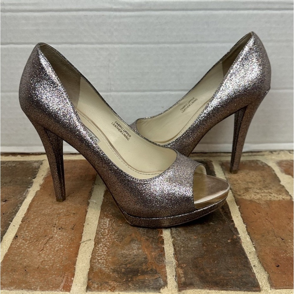 Vera Wang Glitter Peep Toe Pumps Platform High Heel Wedding Formal Women's 6.5